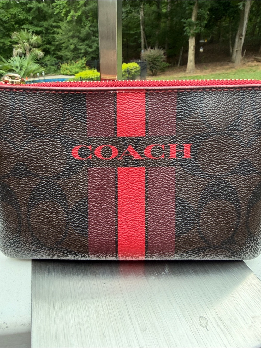 COACH Signature Stripe Zip Wristlet in Brown and Red - Picture 4 of 16